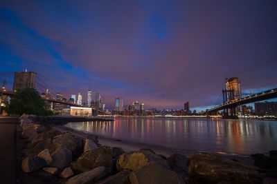 Bridge over river with city in background