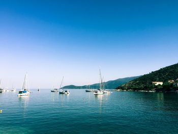 Sailboats in sea against clear sky