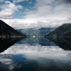 Scenic view of lake against cloudy sky