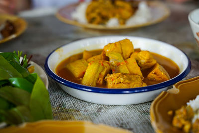 High angle view of food in bowl on table