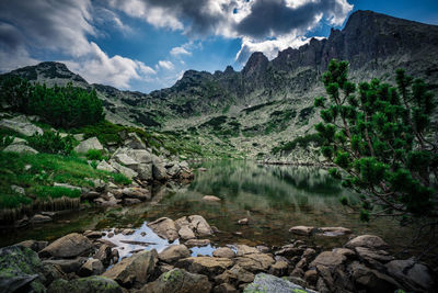 Scenic view of lake and mountains against sky