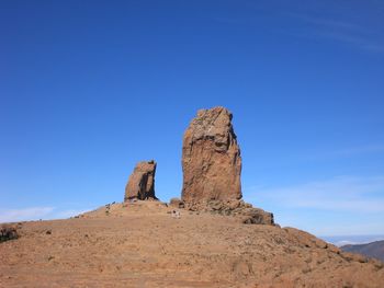 Low angle view of rock formation against clear blue sky