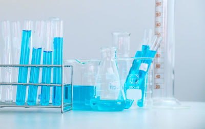 Blue chemical in container at laboratory