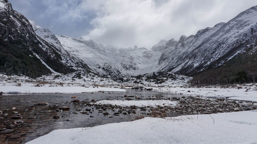 Scenic view of snowcapped mountains against sky