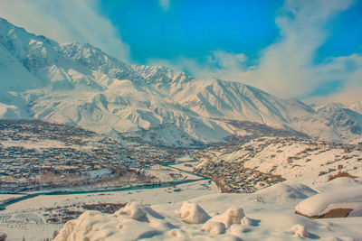 Scenic view of kargil town in ut ladakh india covered with snow in day time of a winter season