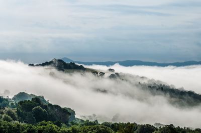 Scenic view of fog covered mountains against sky