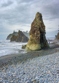 A natural rock monolith at ruby beach in washington state.