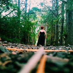 Side view of woman standing by trees in forest