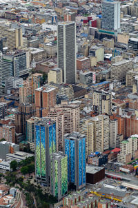 High angle view of modern buildings in city