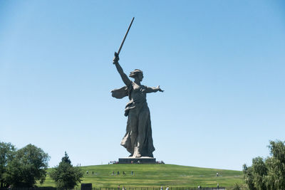 Low angle view of statue against clear blue sky