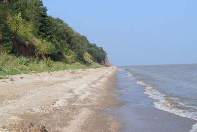 View of calm beach against clear blue sky