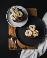 High angle view of breakfast served on table