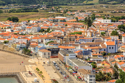 High angle view of houses in town