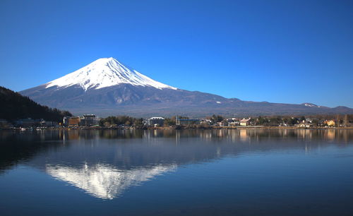 Scenic view of snowcapped mountains against clear blue sky