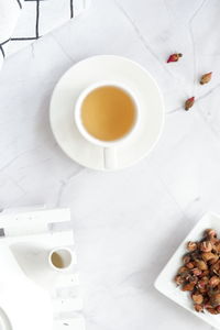 High angle view of breakfast on table