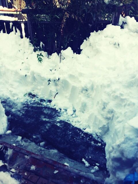 snow, cold temperature, winter, weather, season, frozen, high angle view, covering, nature, building exterior, built structure, outdoors, day, no people, tranquility, house, water, covered, rock - object, cloud - sky