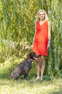 Portrait of a young blonde woman in the foliage of a weeping willow with a hunting dog. summer 