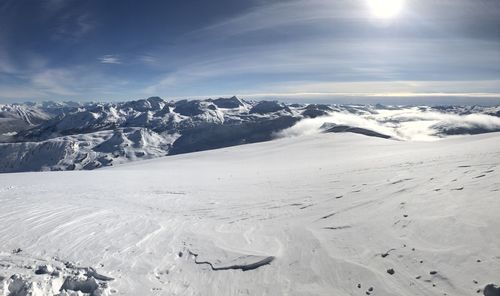 Scenic view of snowcapped mountains against sky