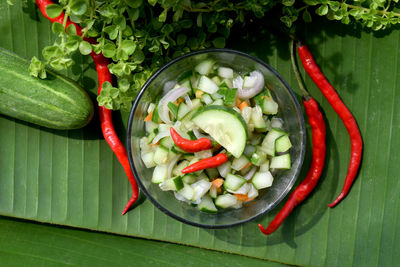 High angle view of chopped fruits and vegetables in bowl