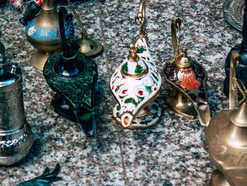 High angle view of decoration hanging on wall