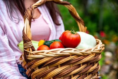 Basket full of fresh organic vegetables from eco farm holded by farmer no face