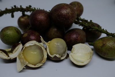 Close-up of fruits in plate on table