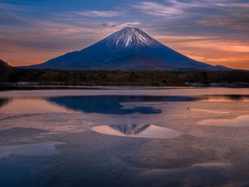 Scenic view of snowcapped mountains against sky during sunset