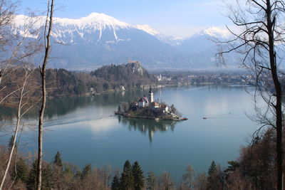 Panoramic view of lake and mountains during winter