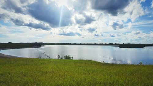 Scenic view of lake against cloudy sky