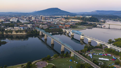 High angle view of river amidst buildings in city