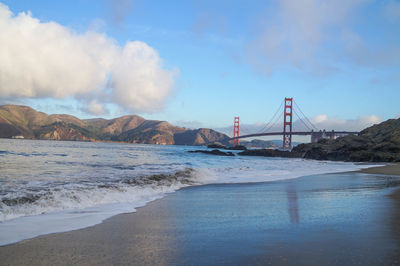 View of suspension bridge over sea