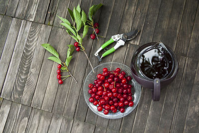 High angle view of strawberries on table
