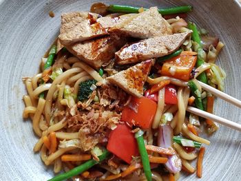 High angle view of meal served on table