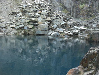 Reflection of rocks in lake