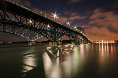 Illuminated south grand island bridge over niagara river against sky