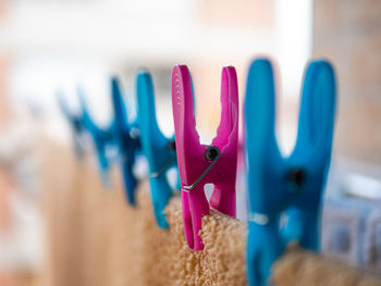 Close-up of multi colored clothespins on table