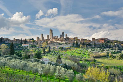 Scenic view of city against cloudy sky