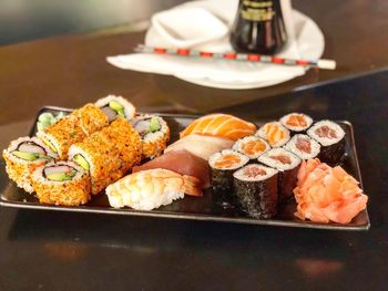 High angle view of sushi served on table