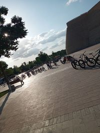 People on footpath by trees against sky