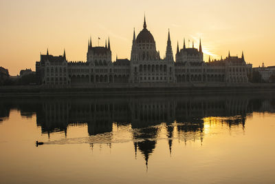 Reflection of buildings in lake during sunset