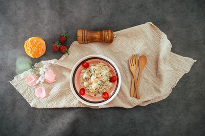 High angle view of breakfast on table