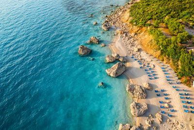 High angle view of beach and sea in greece