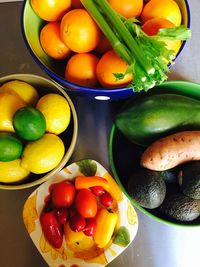 Directly above shot of fresh fruits and vegetables on table