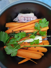 High angle view of chopped vegetables in bowl