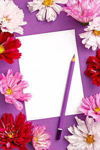 High angle view of paper and pencil amidst carnation flowers on table