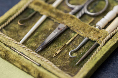 High angle view of old books