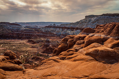 Aerial view of rocks on landscape against cloudy sky