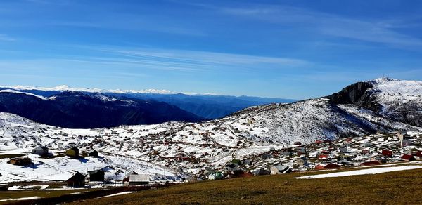 Scenic view of snowcapped mountains against sky