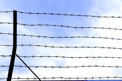 Low angle view of barbed wire against sky