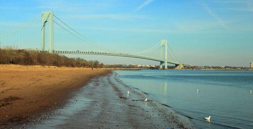 View of suspension bridge over river